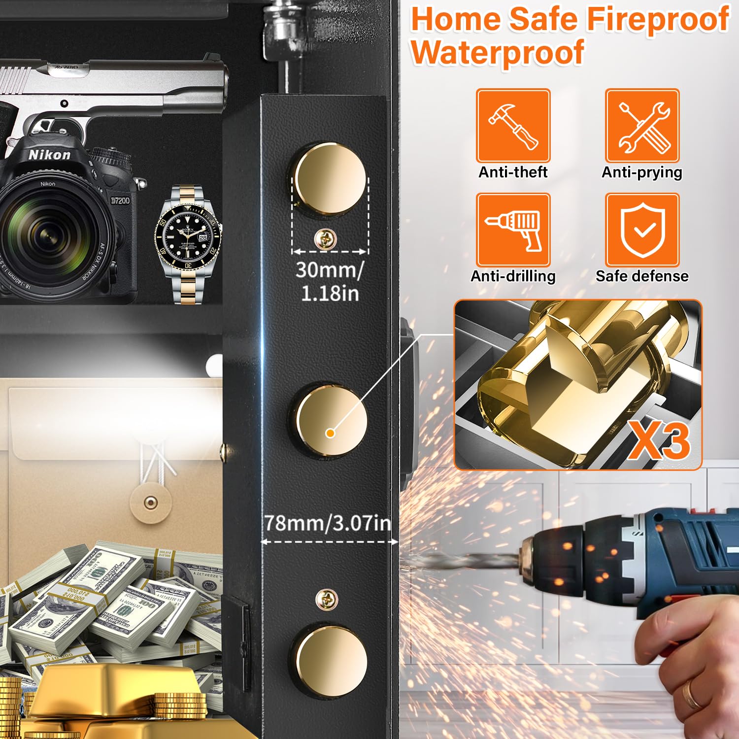 GHJGAGE 2.5 Cub Home Safe Fireproof Waterproof for HOME USE, Large Cabinet Safe Box with Fireproof Document Bag & Removable Shelf, Personal Security Digital Safe for Home Money Firearm A4 Document