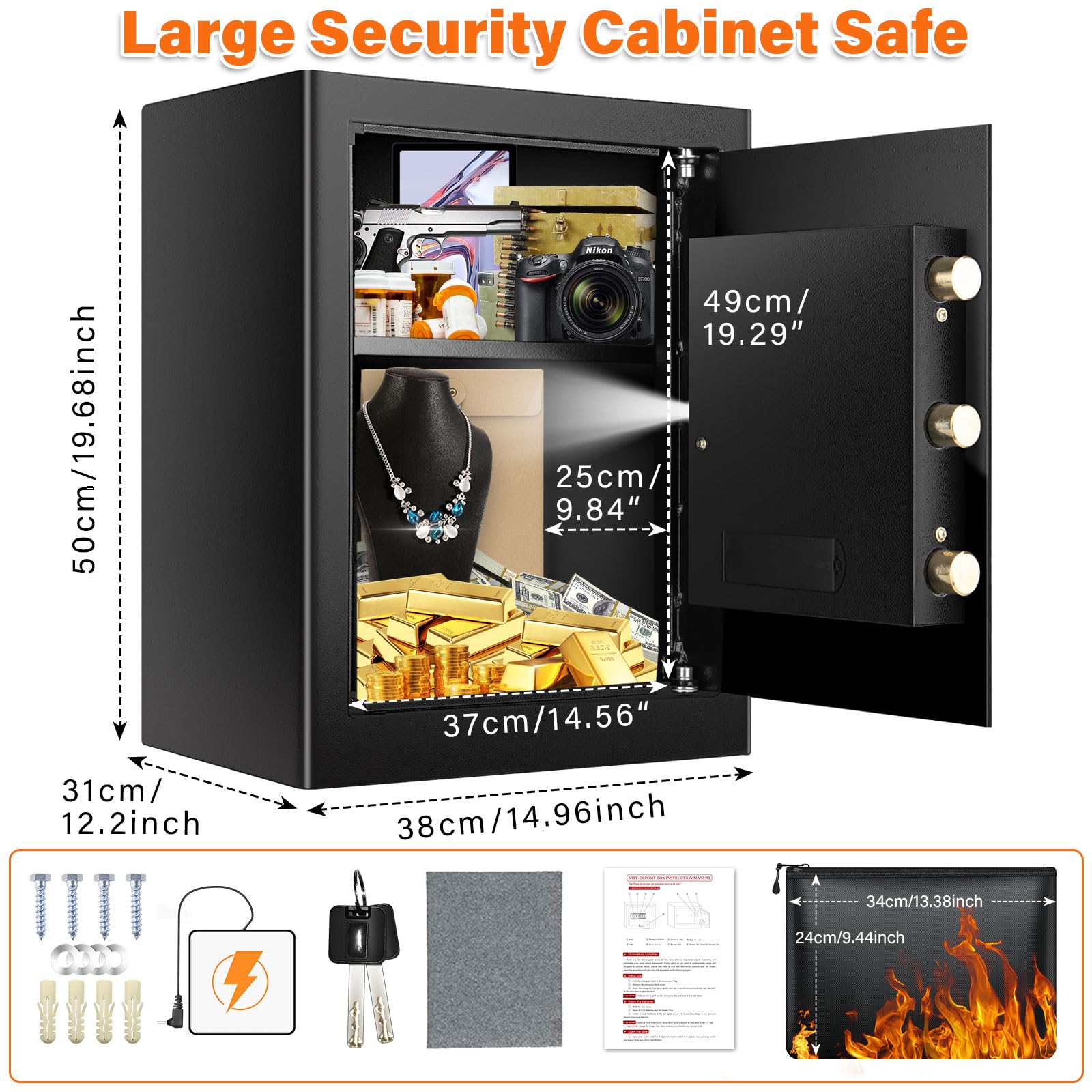 GHJGAGE 2.5 Cub Home Safe Fireproof Waterproof for HOME USE, Large Cabinet Safe Box with Fireproof Document Bag & Removable Shelf, Personal Security Digital Safe for Home Money Firearm A4 Document