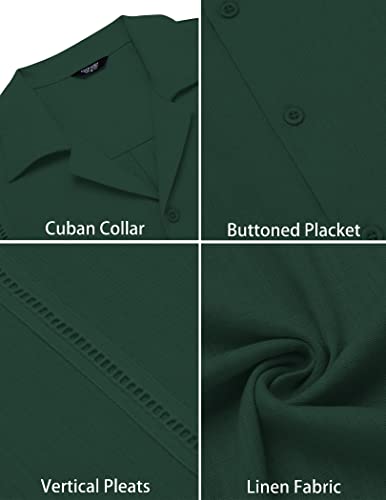 COOFANDY Men's Cuban Guayabera Shirt Linen Short Sleeve Button Down Summer Shirt A - Dark Green