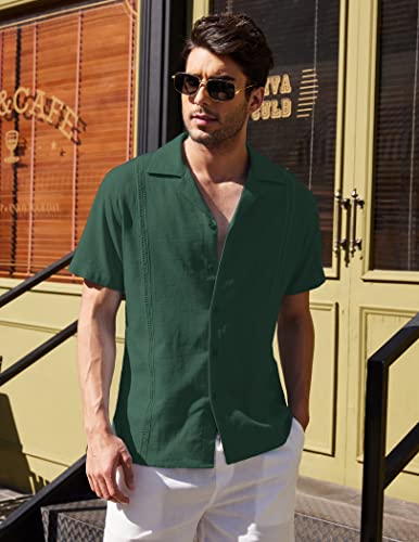 COOFANDY Men's Cuban Guayabera Shirt Linen Short Sleeve Button Down Summer Shirt A - Dark Green