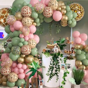 Amandir 170Pcs Jungle Safari Balloons Garland Arch Kit Animal Printed Pink Sage Green Balloons Wild One Giraffe Leopard Safari Baby Shower Decorations for Girl Birthday Party Supplies