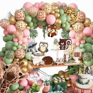 Amandir 170Pcs Jungle Safari Balloons Garland Arch Kit Animal Printed Pink Sage Green Balloons Wild One Giraffe Leopard Safari Baby Shower Decorations for Girl Birthday Party Supplies