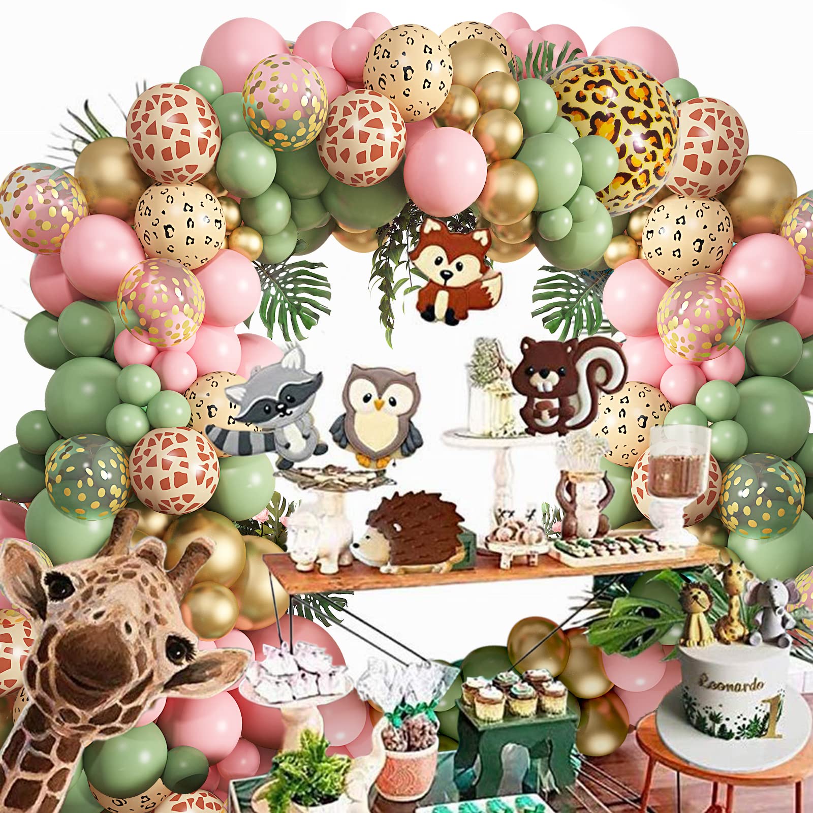 Amandir 170Pcs Jungle Safari Balloons Garland Arch Kit Animal Printed Pink Sage Green Balloons Wild One Giraffe Leopard Safari Baby Shower Decorations for Girl Birthday Party Supplies