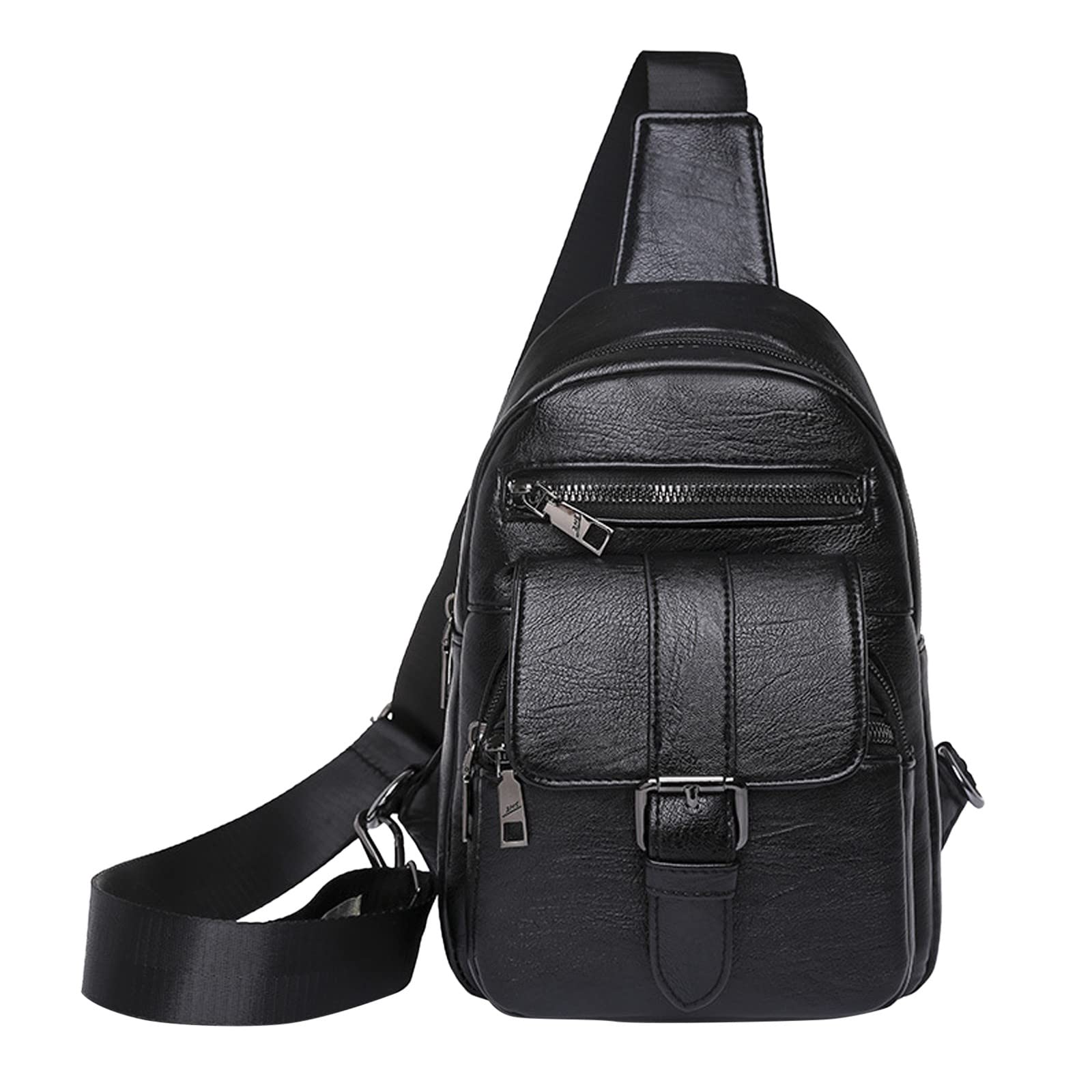 RUIVE Men And Women Chest Bag Sling Bag Small Crossbody PU Leather Satchel Daypack Fashion Shoulder Strap (Black, One Size)