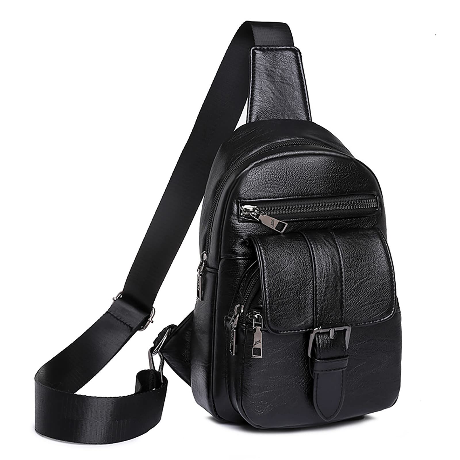 RUIVE Men And Women Chest Bag Sling Bag Small Crossbody PU Leather Satchel Daypack Fashion Shoulder Strap (Black, One Size)