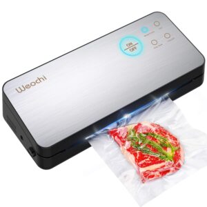 weochi vacuum sealer machine, 85kpa food sealer with built-in cutter and bag storage(up to 20 feet length), dry & moist food modes, touch control panel, led indicator lights, compact design, silver