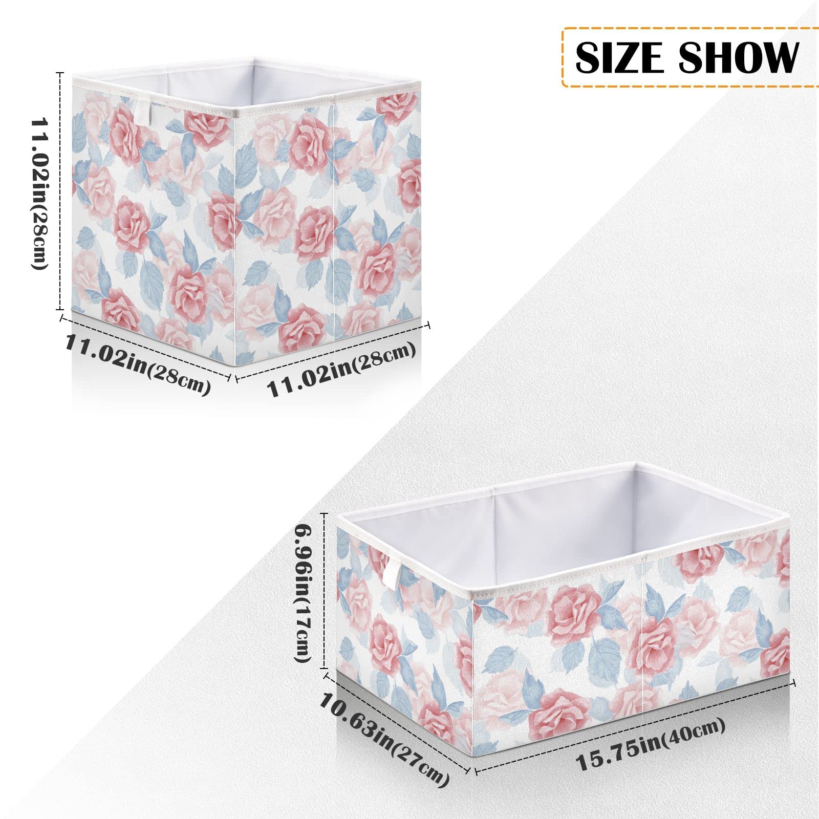 Kigai Rose Flowers Storage Box, Foldable Storage Bins with Handle, Decorative Closet Organizer Storage Boxes for Home