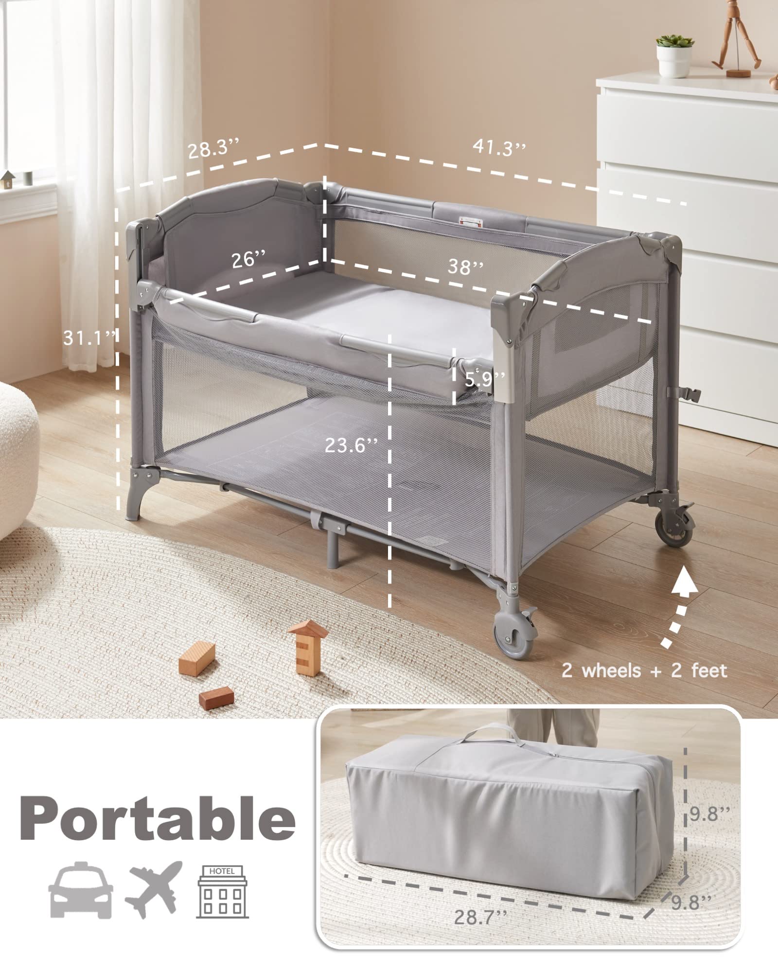 BEKA 4 in 1 Baby Bassinet Bedside Sleeper, Baby Bedside Crib 4 Functions, Bedside Bassinet Crib Sleeper, Playard, Changing Table, Baby Bassinet for Newborn Baby