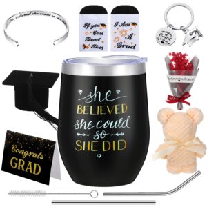 karenhi 8 pcs graduation gifts for her 2024 college congratulations gifts sets for women stainless steel wine tumbler graduation keychains bracelet flowers towel cards socks doctoral cap storage box