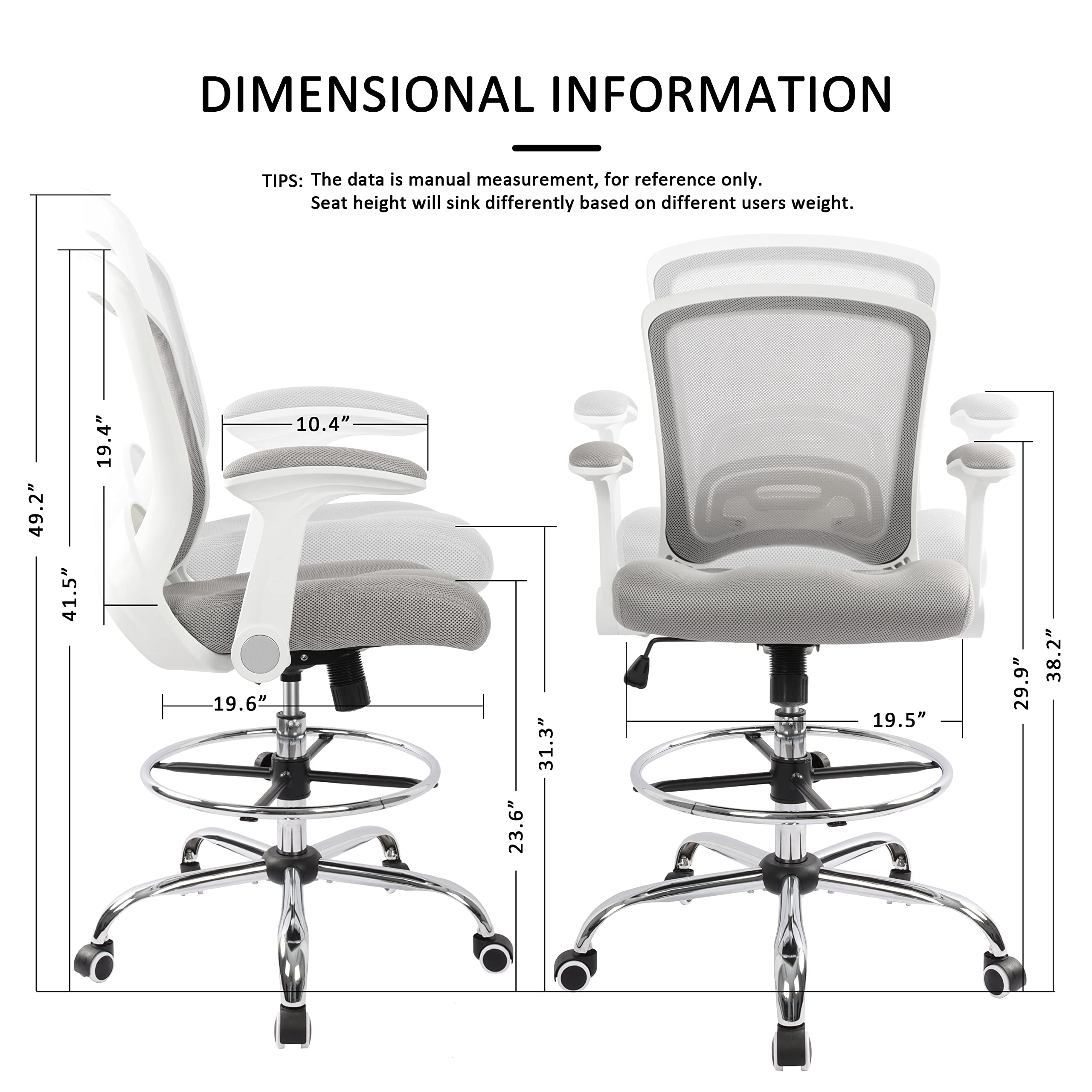 Office Drafting Chair Tall Office Chairs for Standing Desk Drafting Stool Tall Desk Counter Height Chair Gaming Chairs with Adjustable Foot Ring and Flip-up arms, Grey