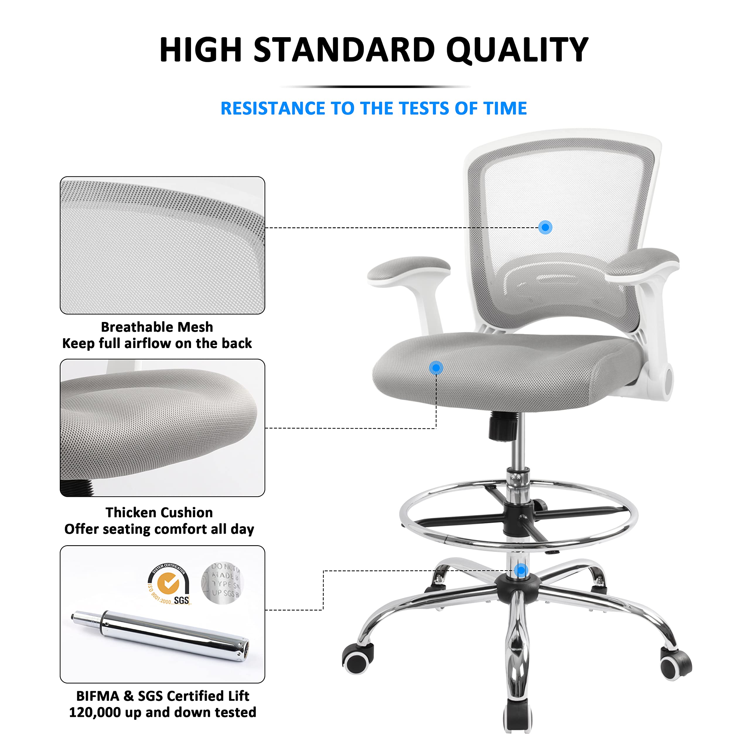 Office Drafting Chair Tall Office Chairs for Standing Desk Drafting Stool Tall Desk Counter Height Chair Gaming Chairs with Adjustable Foot Ring and Flip-up arms, Grey