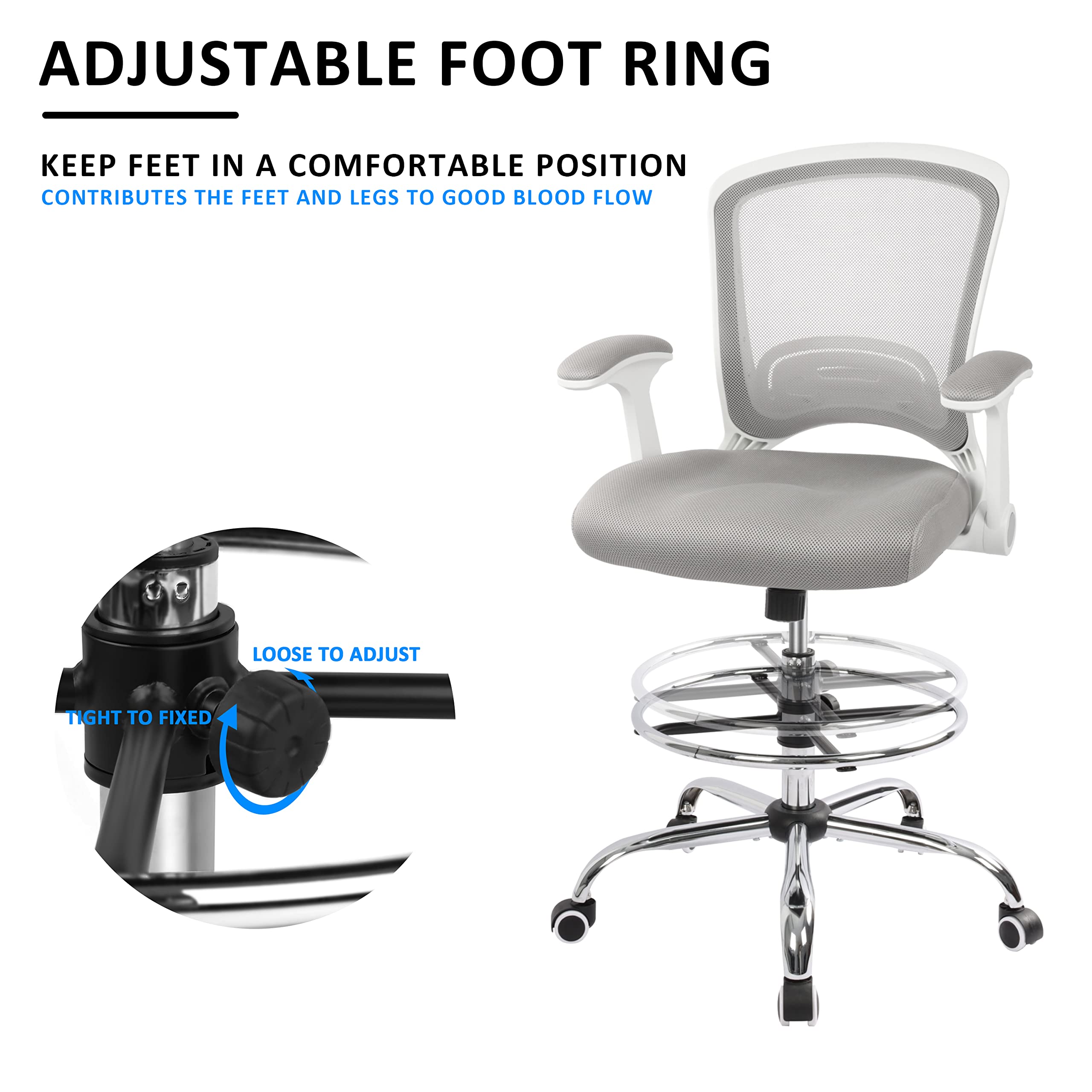 Office Drafting Chair Tall Office Chairs for Standing Desk Drafting Stool Tall Desk Counter Height Chair Gaming Chairs with Adjustable Foot Ring and Flip-up arms, Grey