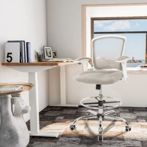 Office Drafting Chair Tall Office Chairs for Standing Desk Drafting Stool Tall Desk Counter Height Chair Gaming Chairs with Adjustable Foot Ring and Flip-up arms, Grey