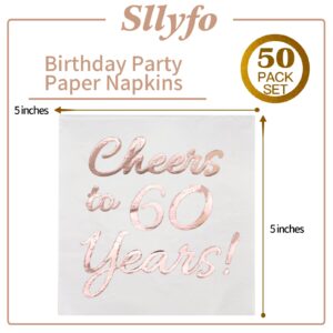 60th Birthday Decorations Women Party Supplies Cocktail Napkins Rose Gold 50 Pack 5"x 5" Folded Cheers to 60 Years! (60)