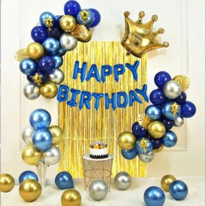 gold and silver blue birthday party decoration set，including happy birthday banner, balloons, metallic fringe curtain, golden crown, suit perfect for girls or boys, men or women birthday party