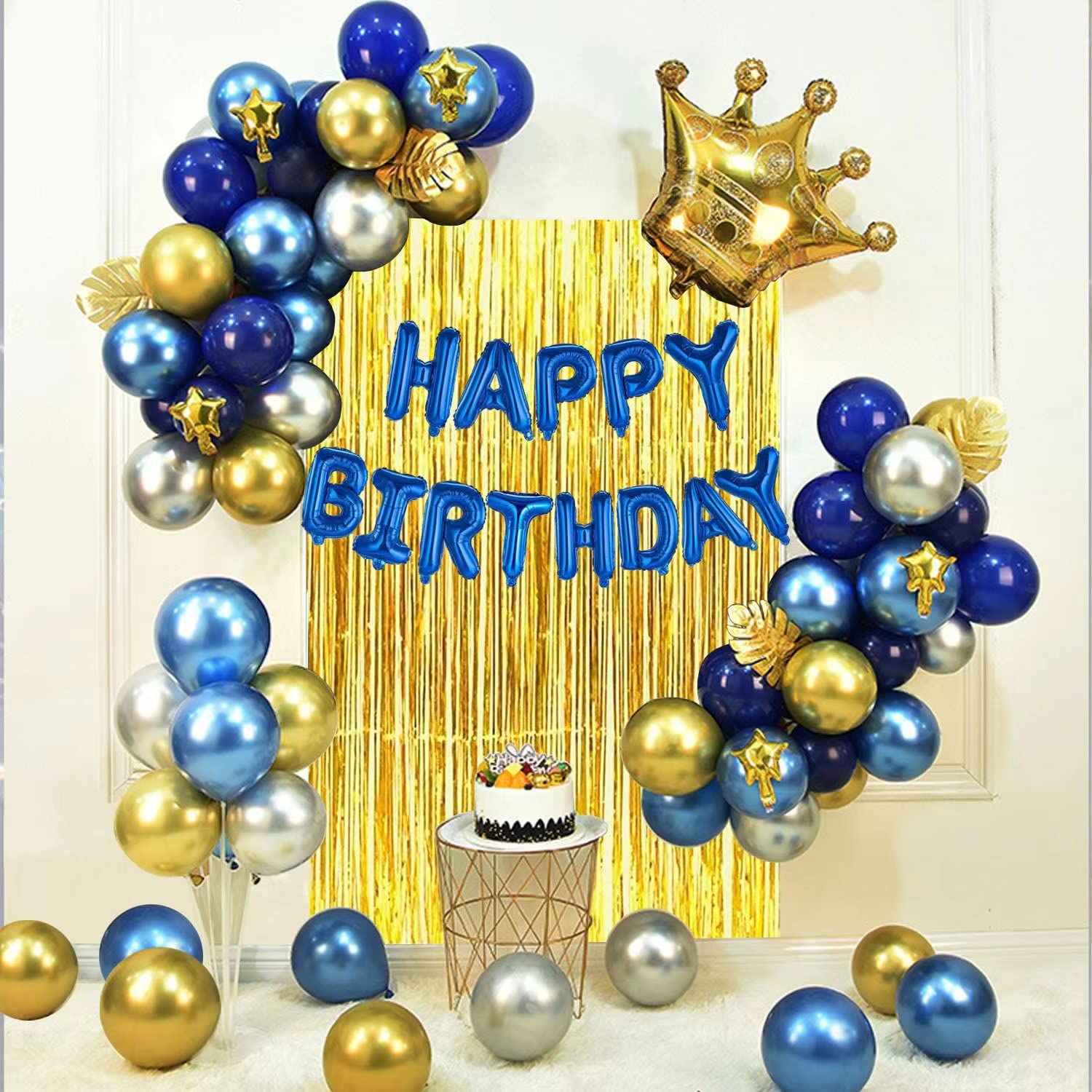 Gold and silver blue Birthday Party Decoration Set，Including Happy Birthday Banner, Balloons, Metallic Fringe Curtain, Golden Crown, Suit Perfect For Girls or Boys, Men or Women Birthday Party