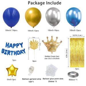 Gold and silver blue Birthday Party Decoration Set，Including Happy Birthday Banner, Balloons, Metallic Fringe Curtain, Golden Crown, Suit Perfect For Girls or Boys, Men or Women Birthday Party