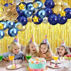 Gold and silver blue Birthday Party Decoration Set，Including Happy Birthday Banner, Balloons, Metallic Fringe Curtain, Golden Crown, Suit Perfect For Girls or Boys, Men or Women Birthday Party