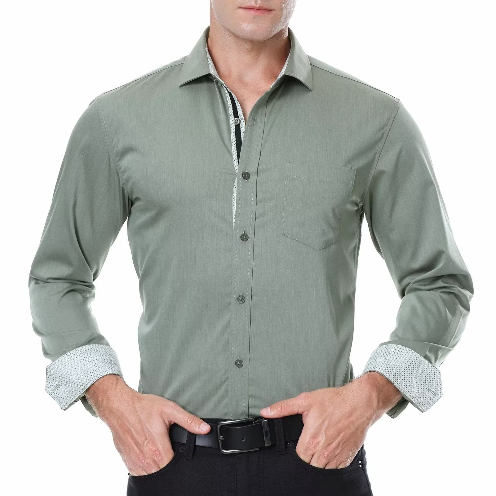 ENSO ELARDER Men's Dress Shirt Wrinkle Free Long Sleeve Formal Shirts Casual Button Down Shirts Untucked Stretch Regular Fit Shirts(Olivine,L)