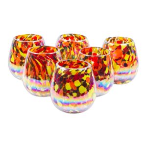 novica handblown stemless wine glasses multicolor mexico tableware drinkware cocktail recycled [ 13 oz. 3.9in h x 3.5in diam.] 'intense gallantry'(set of 6)