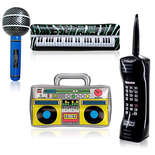 4PCS Inflatable Funny Radio Boom Box Mobile Phone Props Microphone Electronic Organ PVC Inflatable Toys For for 80s 90s Party Decorations Hip Hop Theme Birthdays Party Supplies Party Decorations