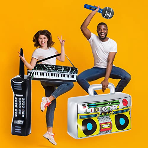 4PCS Inflatable Funny Radio Boom Box Mobile Phone Props Microphone Electronic Organ PVC Inflatable Toys For for 80s 90s Party Decorations Hip Hop Theme Birthdays Party Supplies Party Decorations