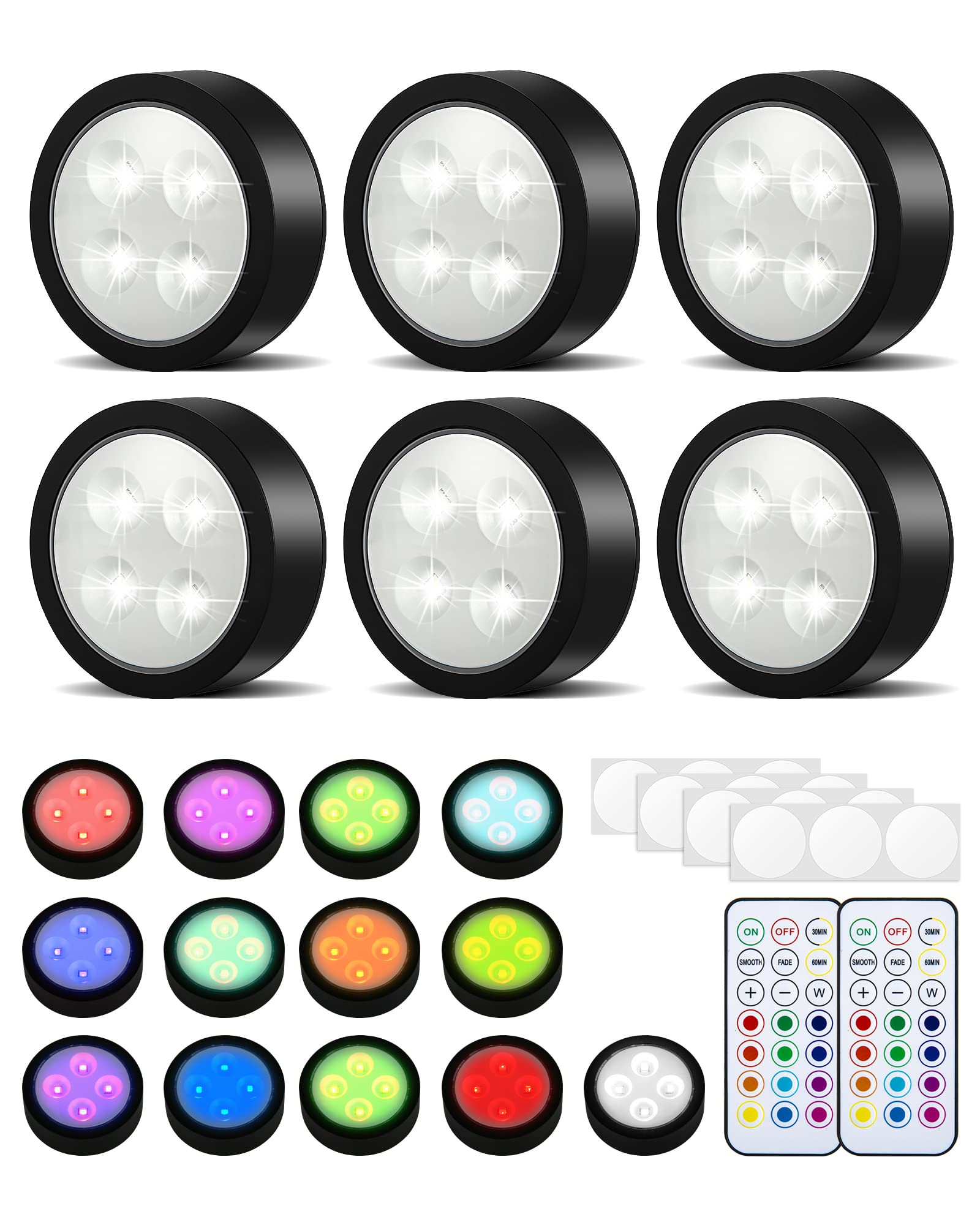 UNIWA LED Puck Lights with Remote,Under Cabinet Lights Wireless,13 Colors Changeable LED Closet Light Dimmable,AA Battery Powered Push Night Lights with Timer Function