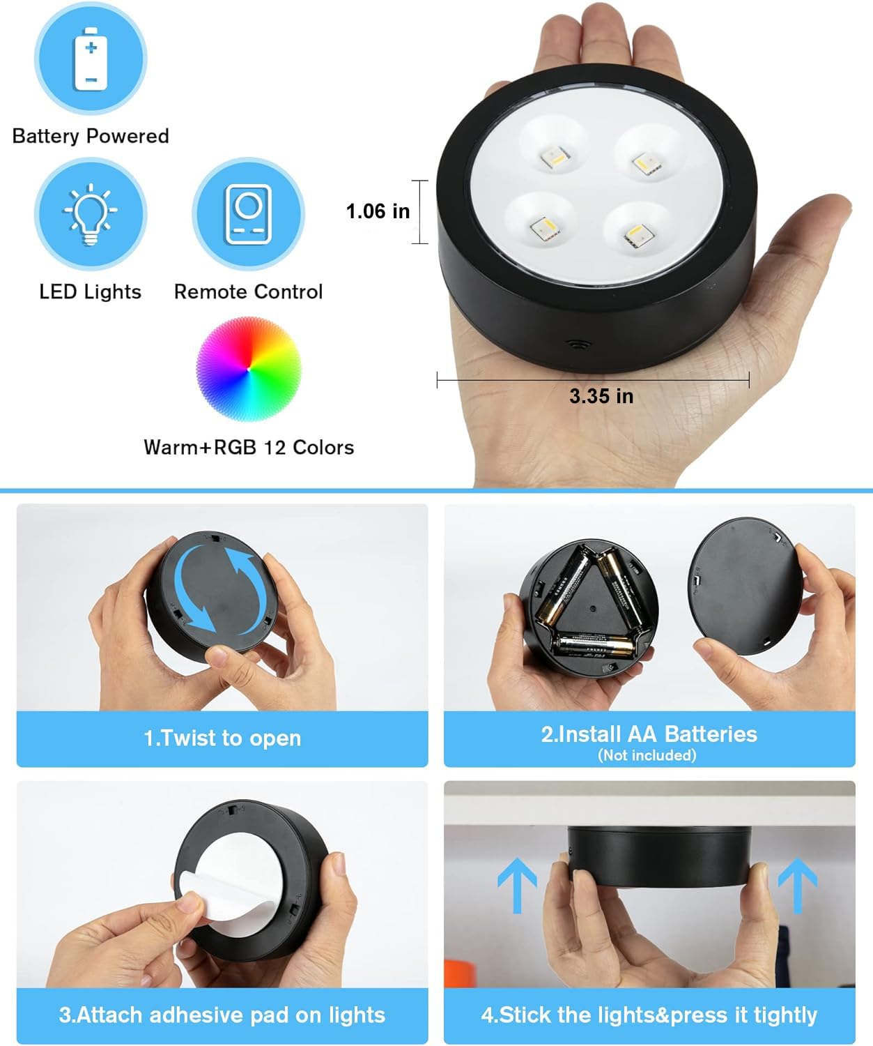 UNIWA LED Puck Lights with Remote,Under Cabinet Lights Wireless,13 Colors Changeable LED Closet Light Dimmable,AA Battery Powered Push Night Lights with Timer Function