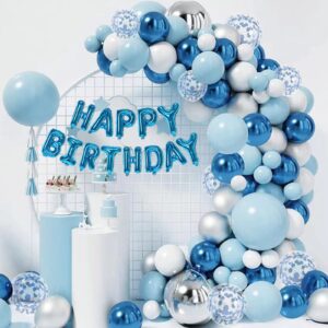 blue and white balloon garland arch kit,happy birthday balloons,111pcs metallic blue and white confetti latex balloons arch kit for birthday party baby boy shower birthday decorations