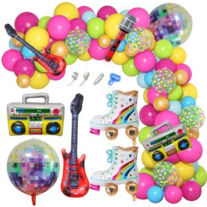 Amandir 90s 80s Theme Party Decorations, 90Pcs Balloon Arch Kit 6PCS Inflatable Retro Disco Ball Microphone Rainbow Roller Skate Boom Box Guitar Balloon for Back to 90s 80s Hip Hop Birthday Supplies