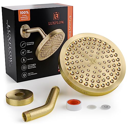 LUXFLOW® Shower Head & Shower Arm – Rain Shower Head High Pressure – Modern Luxury Look - Easy 3-Min Install – Universal Fit, Adjustable Joint, Anti-Clogging, Rustproof (Lavish Brushed Gold, 6 Inch)