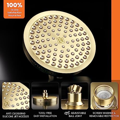 LUXFLOW® Shower Head & Shower Arm – Rain Shower Head High Pressure – Modern Luxury Look - Easy 3-Min Install – Universal Fit, Adjustable Joint, Anti-Clogging, Rustproof (Lavish Brushed Gold, 6 Inch)