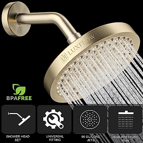 LUXFLOW® Shower Head & Shower Arm – Rain Shower Head High Pressure – Modern Luxury Look - Easy 3-Min Install – Universal Fit, Adjustable Joint, Anti-Clogging, Rustproof (Lavish Brushed Gold, 6 Inch)