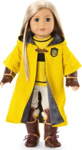 american girl harry potter 18-inch doll hufflepuff quidditch uniform outfit with robe featuring house crest, for ages 6+