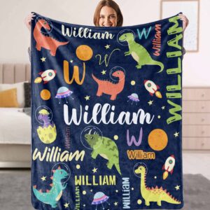 Personalized Dinosaur Throw Blanket for Boys Custom Name Soft Flannel Blanket for Kids Dino Outspace Plush Navy Blue Blanket Gift Birthday Christmas Baby Nursery Room Decor, 30 X 40inch