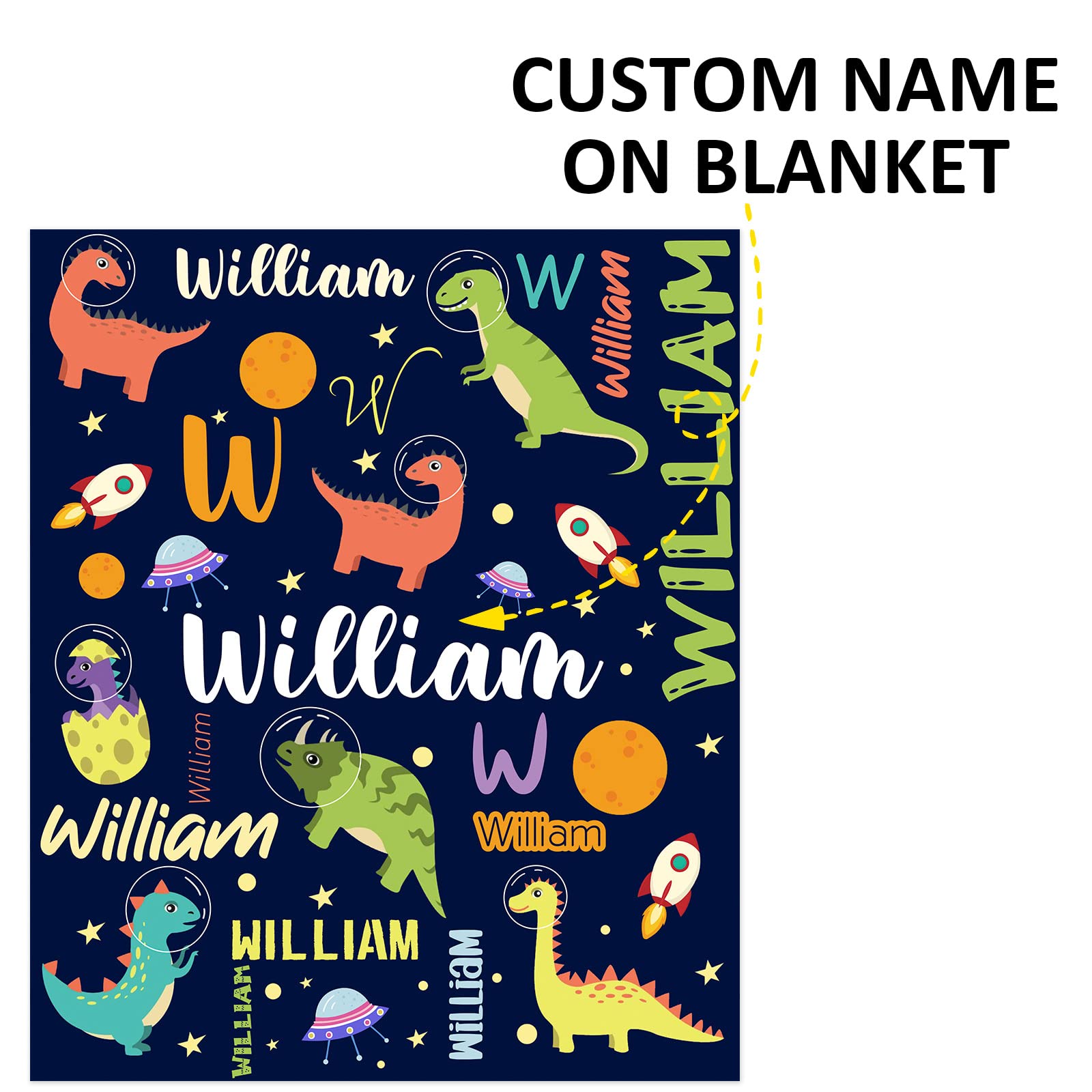 Personalized Dinosaur Throw Blanket for Boys Custom Name Soft Flannel Blanket for Kids Dino Outspace Plush Navy Blue Blanket Gift Birthday Christmas Baby Nursery Room Decor, 30 X 40inch