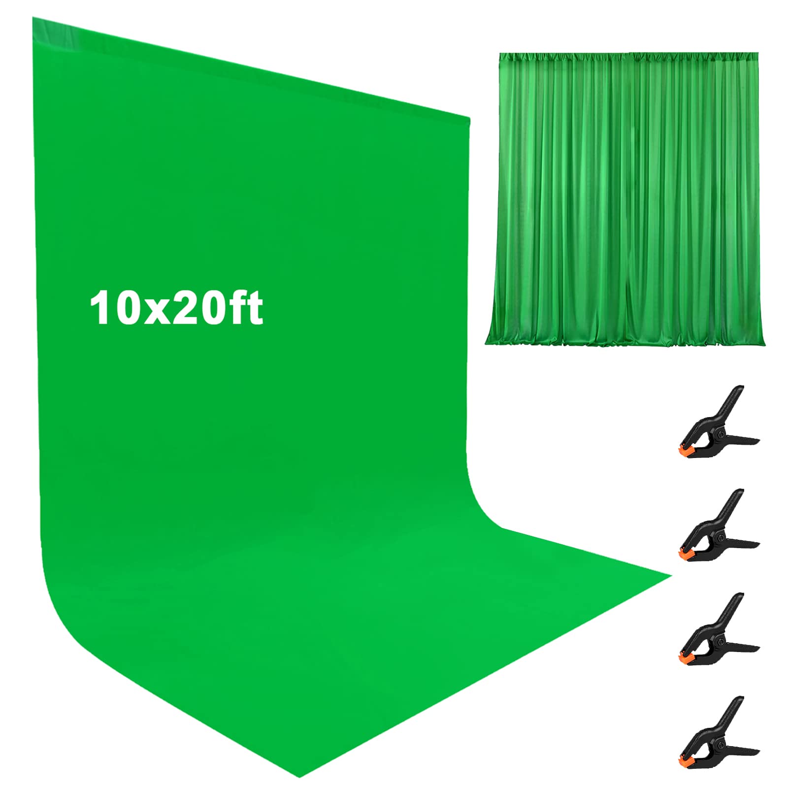 10X20ft Large Green Screen Backdrop for Photography, LCUIRC Two Rod Pocket Chromakey Collapsible Green Polyester Curtain with 4 Clamps for Photography, Zoom Meeting and Game Live Steaming