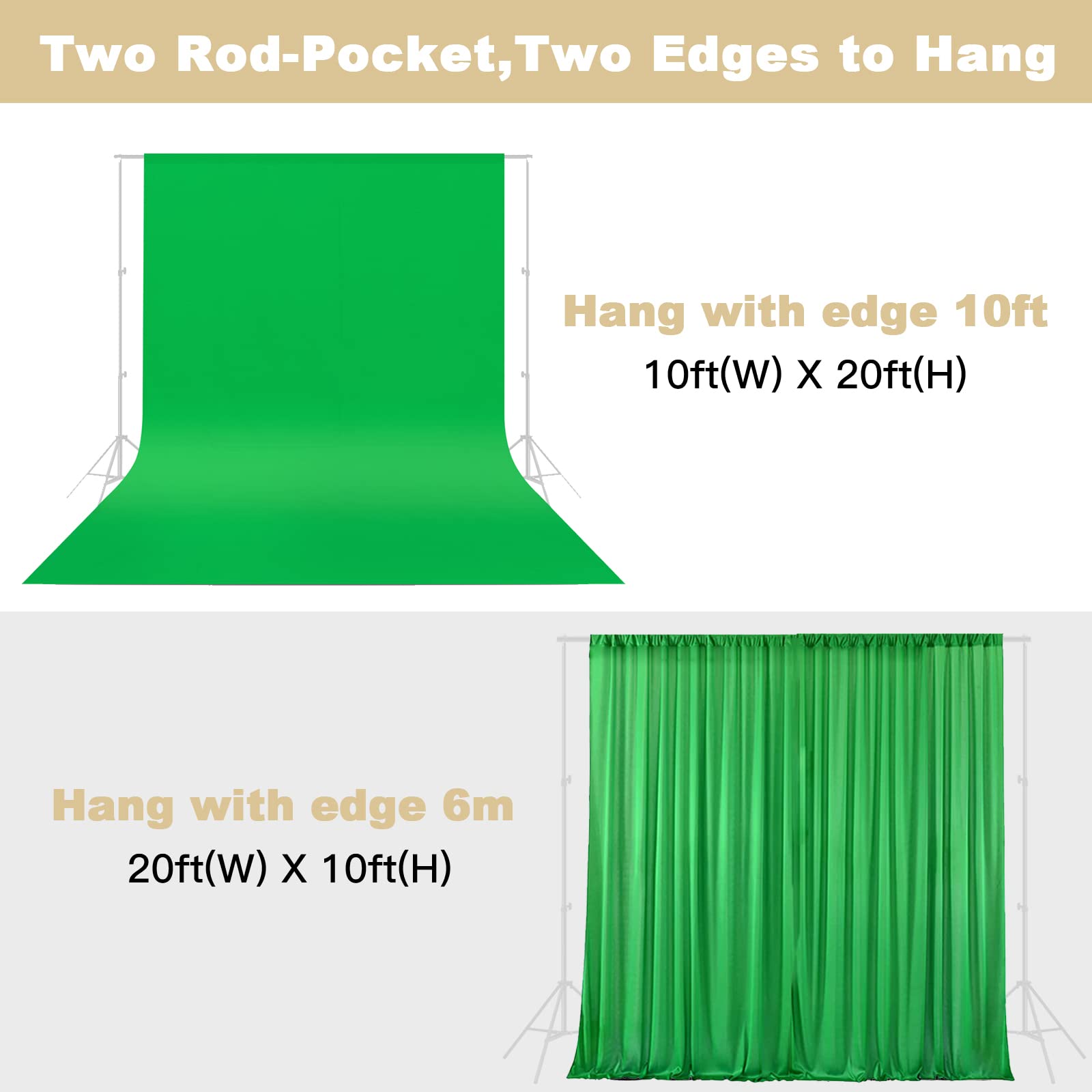 10X20ft Large Green Screen Backdrop for Photography, LCUIRC Two Rod Pocket Chromakey Collapsible Green Polyester Curtain with 4 Clamps for Photography, Zoom Meeting and Game Live Steaming