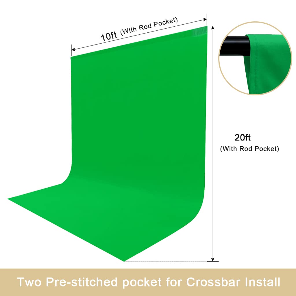 10X20ft Large Green Screen Backdrop for Photography, LCUIRC Two Rod Pocket Chromakey Collapsible Green Polyester Curtain with 4 Clamps for Photography, Zoom Meeting and Game Live Steaming