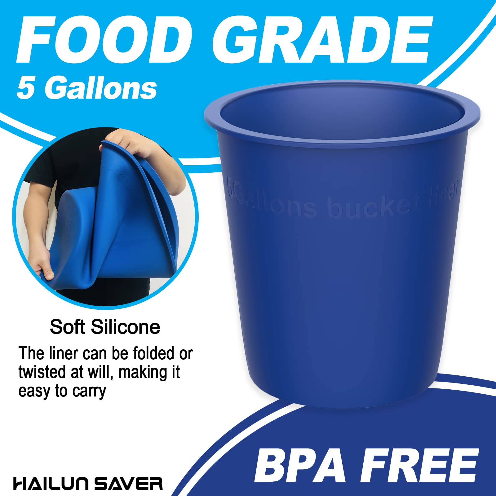 HAILUN SAVER 5 Gallon Bucket Liner Reusable Rubber Bucket Liners for Concrete Mix and Thinset (Blue 5 Gallon)