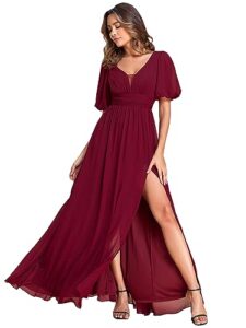 ever-pretty women's short sleeves v-neck pleated fall long formal gown evening dresses burgundy us12