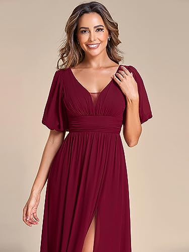 Ever-Pretty Women's Short Sleeves V-Neck Pleated Fall Long Formal Gown Evening Dresses Burgundy US12