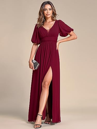 Ever-Pretty Women's Short Sleeves V-Neck Pleated Fall Long Formal Gown Evening Dresses Burgundy US12