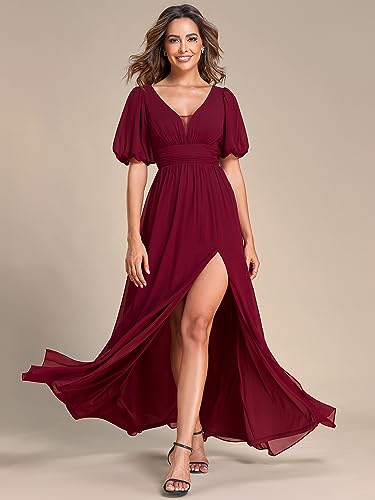 Ever-Pretty Women's Short Sleeves V-Neck Pleated Fall Long Formal Gown Evening Dresses Burgundy US12