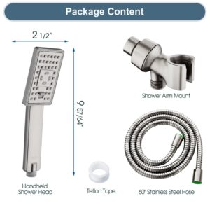 BRIGHT SHOWERS High Pressure Handheld Shower Head Set, High Flow Hand Held Showerhead with 60" Long Stainless Steel Hose and Adjustable Wall Bracket, 3 Spray Setting Shower Wand, Brushed Nickel