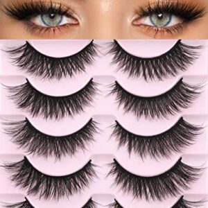 False Lashes Wispy Fox Eyelashes Natural Look Strip Cat Eye Lashes 16mm Fake lashes Fluffy Angel Lashes Pack 5 Pairs Black