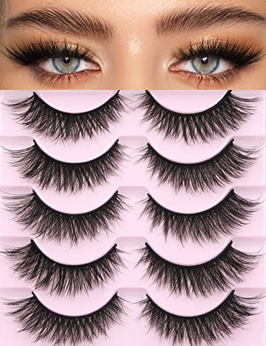 False Lashes Wispy Fox Eyelashes Natural Look Strip Cat Eye Lashes 16mm Fake lashes Fluffy Angel Lashes Pack 5 Pairs Black