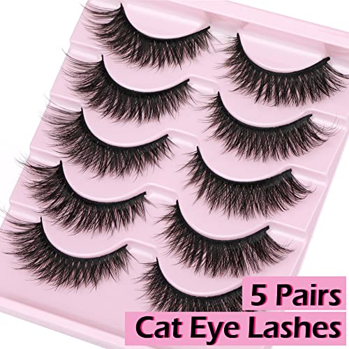 False Lashes Wispy Fox Eyelashes Natural Look Strip Cat Eye Lashes 16mm Fake lashes Fluffy Angel Lashes Pack 5 Pairs Black