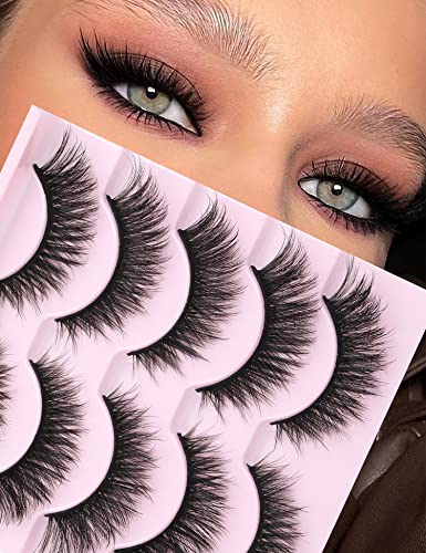 False Lashes Wispy Fox Eyelashes Natural Look Strip Cat Eye Lashes 16mm Fake lashes Fluffy Angel Lashes Pack 5 Pairs Black