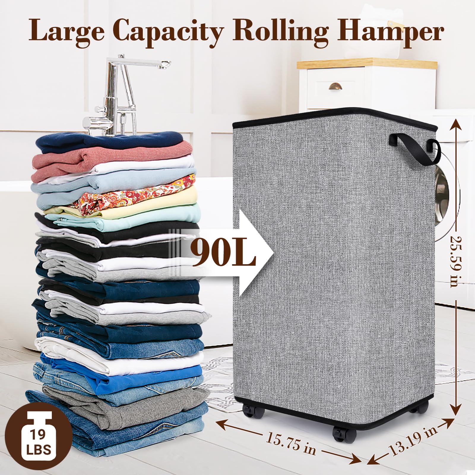 PHESWISOM 90L Large Rolling Laundry Hamper, Laundry Basket with Wheels and Handle for Storage, Dirty Clothes Hamper for Laundry, Tall Laundry Basket, Collapsible Laundry Hamper for Bathroom Dorm, Grey